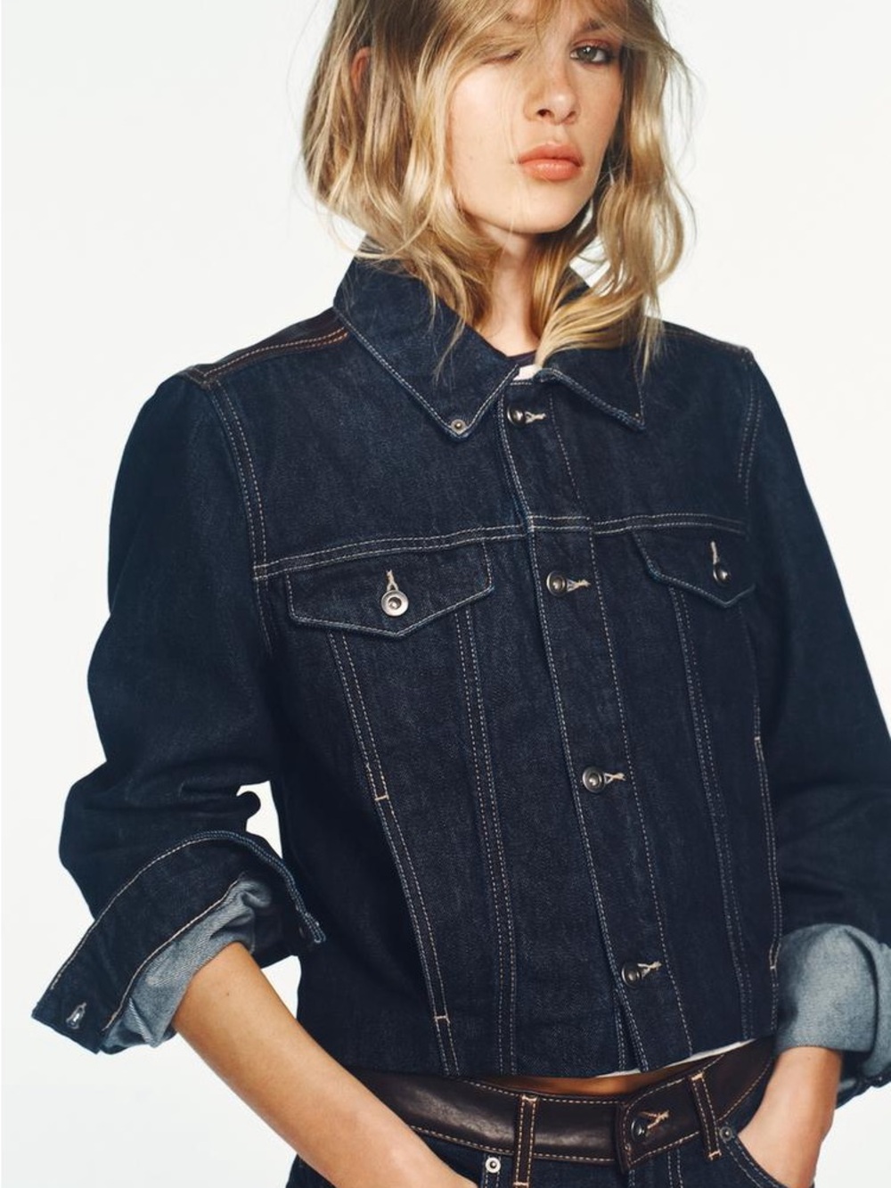 Zara Leather Denim Effect Jean Jacket Dark Indigo Leather Yoke M NWT